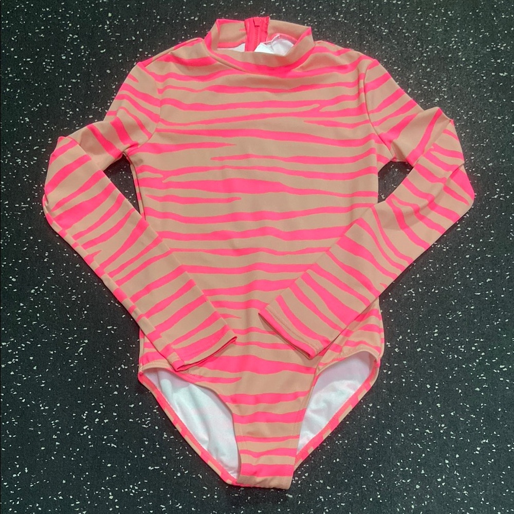 BILLABONG bathing suit girls pink and Tan Striped Long Sleeve Swimsuit S